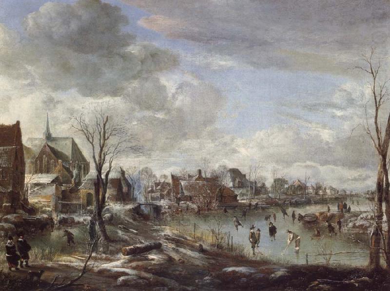 A Frozen River Near a Village,with Golfers and Skaters, Aert van der Neer